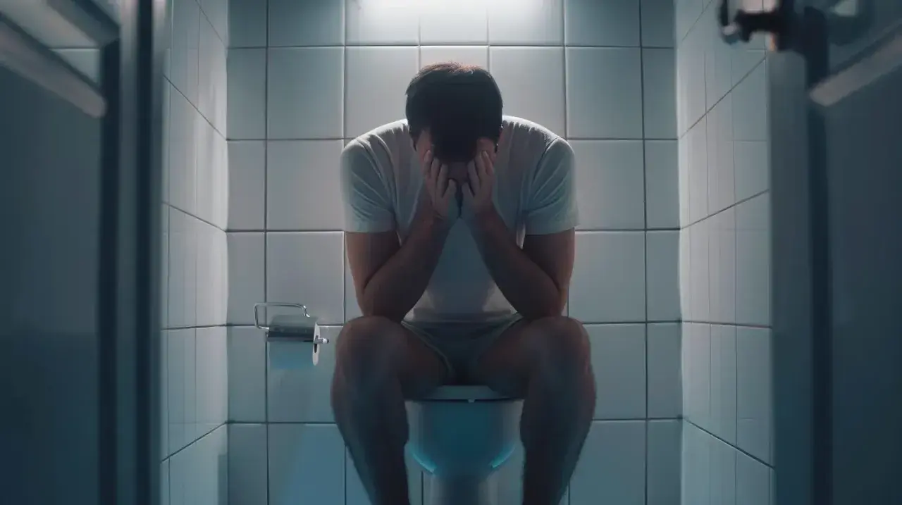 Mężczyzna siedzi na toalecie, trzymając się za twarz. Czuje, że twardy stolec nie chce wyjść, co powoduje jego cierpienie.