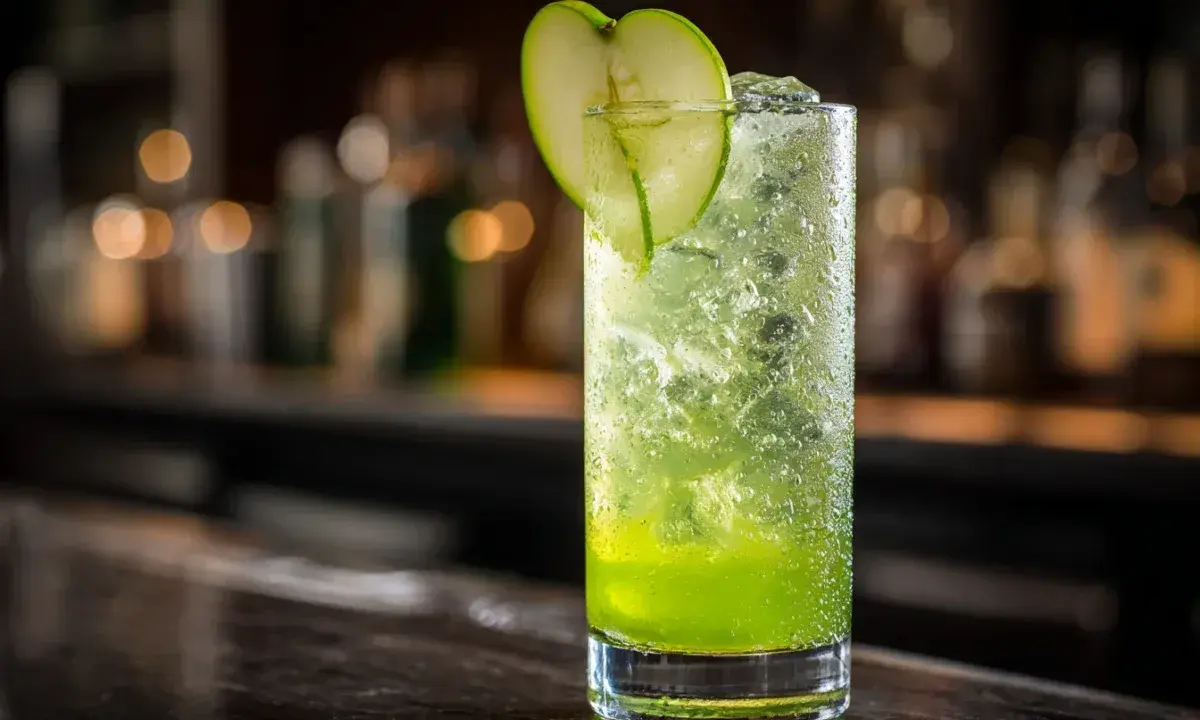 En uppfriskande grön drink, ett drink p2, med is och en äppelskiva som garnering, står på en bardisk.