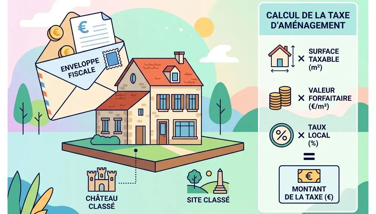 Calcul de la taxe d'aménagement : surface taxable x valeur forfaitaire x taux local = montant de la taxe. Une enveloppe fiscale et une maison illustrent le calcul de la taxe abri de jardin.