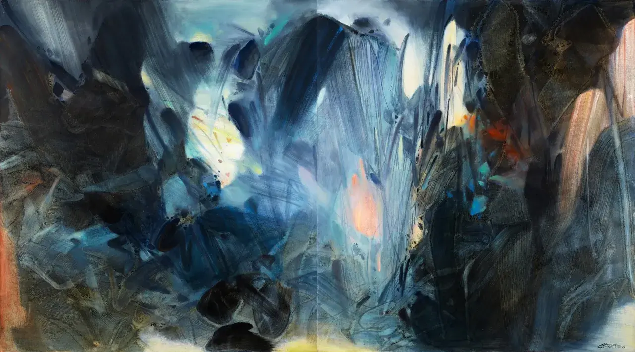 Abstract painting with dark blues, blacks, and hints of orange and yellow. The brushstrokes create a sense of depth and movement, evoking a feeling of a mystical landscape, perhaps a scene from Chu Teh-Chun's imagination.