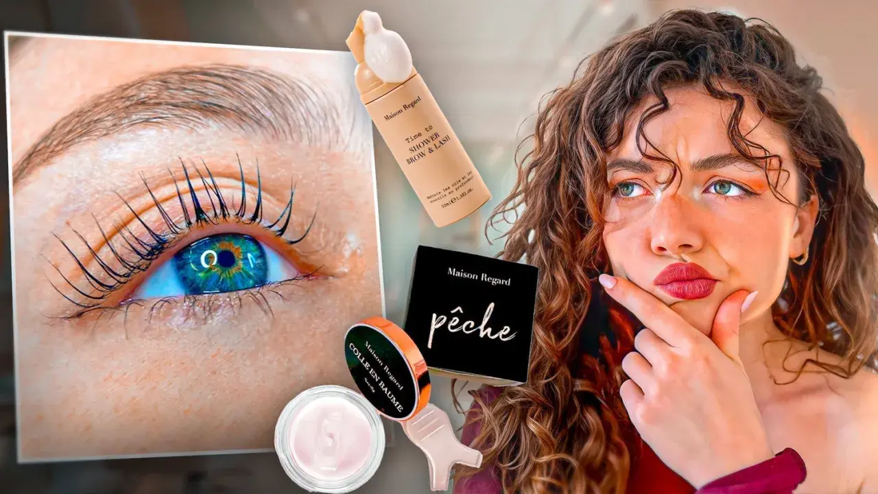 Un œil avec des cils recourbés, des produits de beauté Maison Regard, dont un pour le rehaussement cils, et une femme songeuse.
