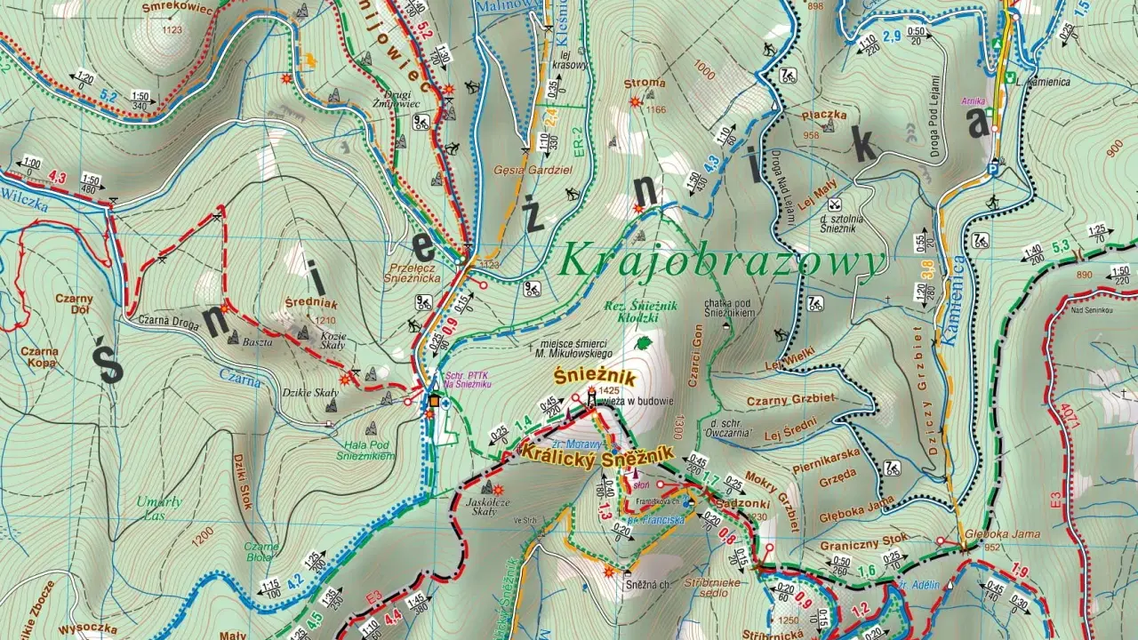 Krajobrazowy masyw Śnieżnika z zaznaczonymi szlakami, punktami widokowymi i schroniskami.