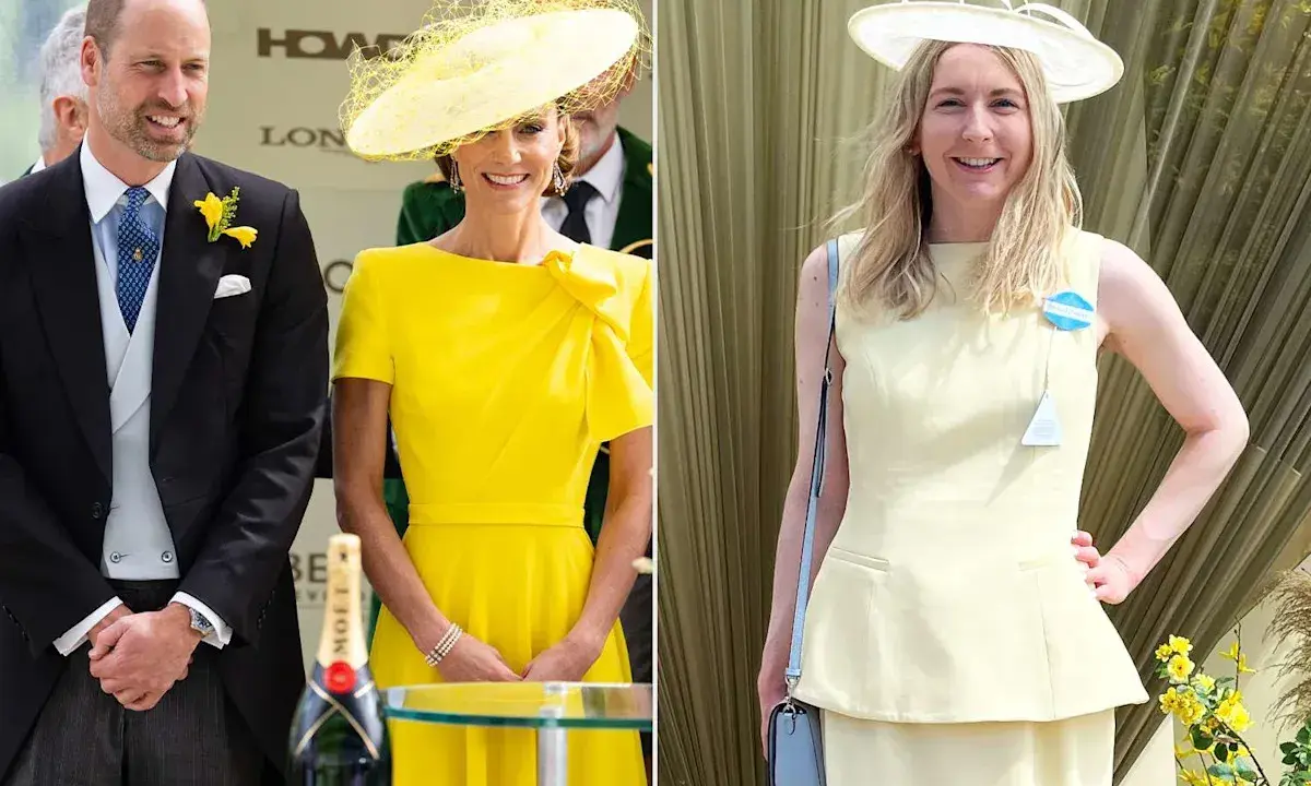 A couple in yellow, adhering to the royal ascot dress code, pose with a bottle of champagne.