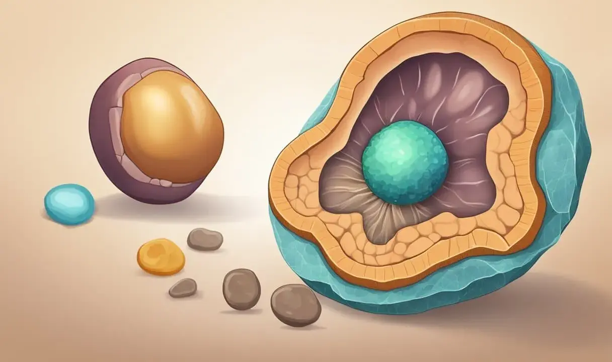Ilustracja przedstawia przekrój przez komórkę, sugerując przyczyny kamicy nerkowej. Wokół znajdują się małe kamyczki.