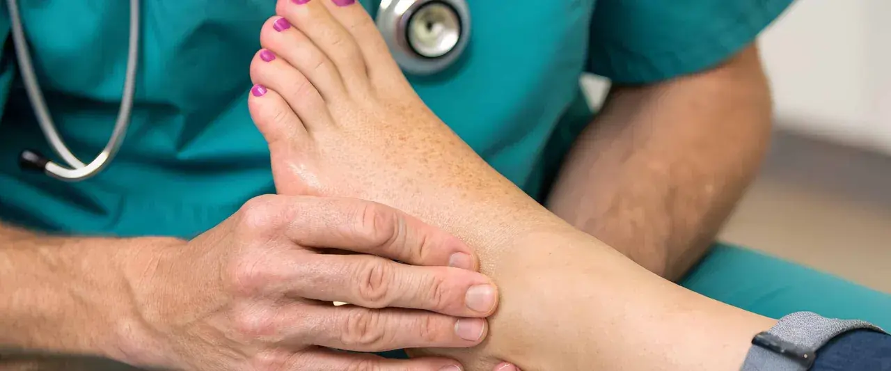 Un podologue examine un pied, ses mains expertes prodiguant des soins attentifs. Le stéthoscope suggère une approche globale pour des soins podologue optimaux.