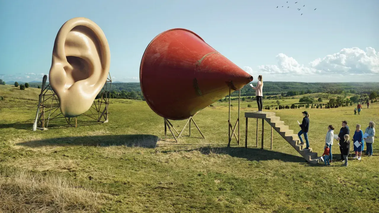 A surreal landscape by Erik Johansson photography. A giant ear stands next to a red megaphone, with people climbing stairs towards it.