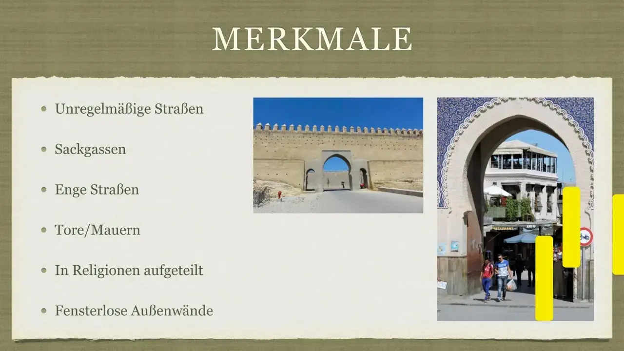 Merkmale einer islamischen orientalischen Stadt: Mauern, Tore, enge Gassen und fensterlose Außenwände.