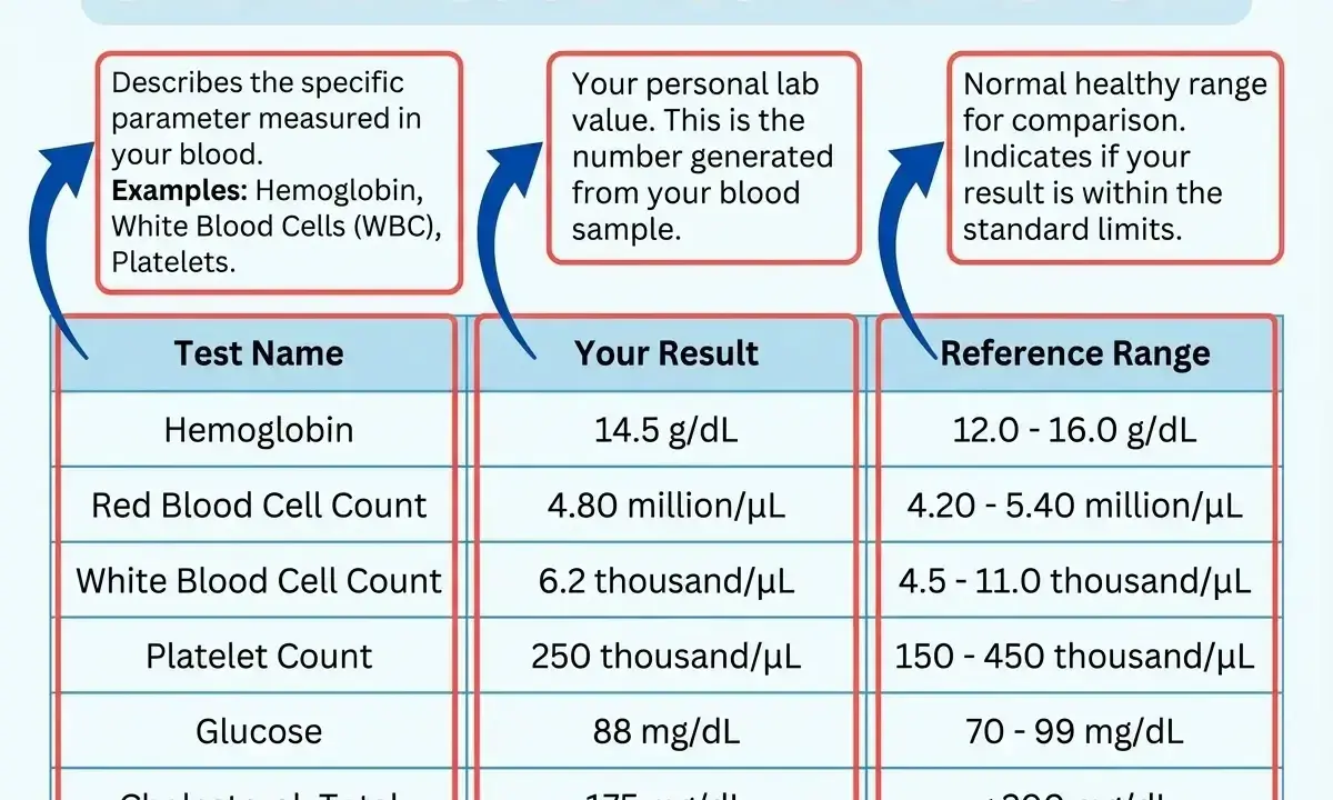 Przykładowy **jonogram** z wynikami badań krwi: hemoglobina, erytrocyty, leukocyty, płytki, glukoza, cholesterol.
