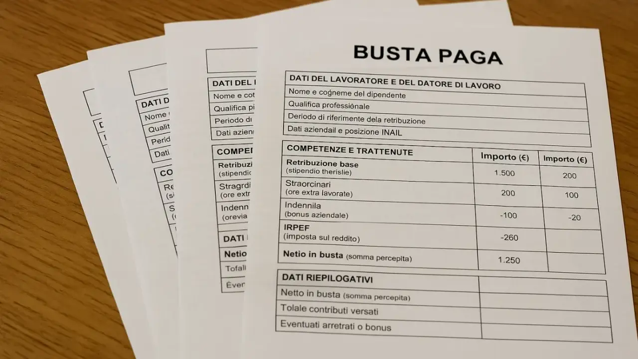 Buste paga in Italia: dettagli su competenze, trattenute e netto in busta. Le tasse sullo stipendio sono ben visibili.