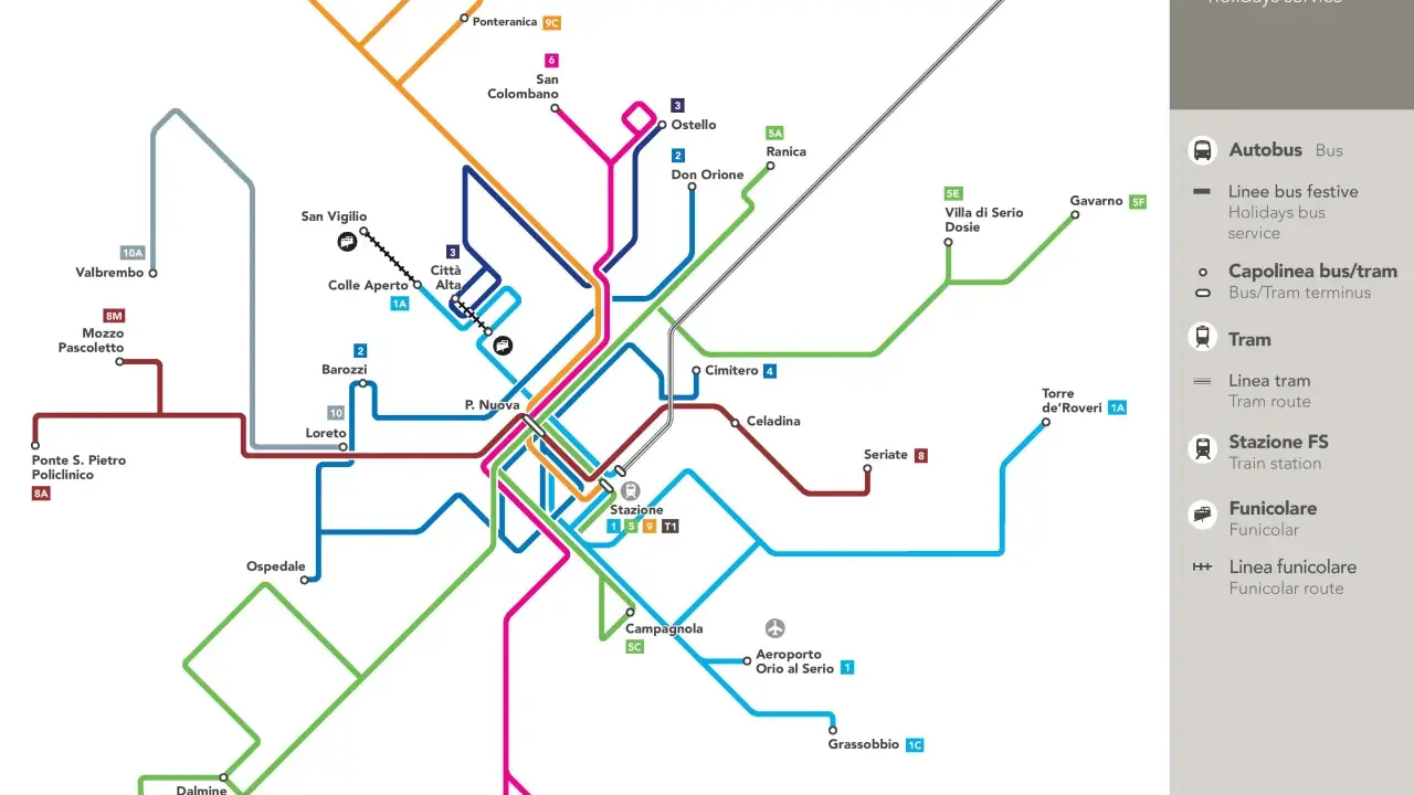 Mapa komunikacji miejskiej z zaznaczonym lotnisko Mediolan Bergamo, liniami autobusowymi, tramwajowymi i kolejowymi.