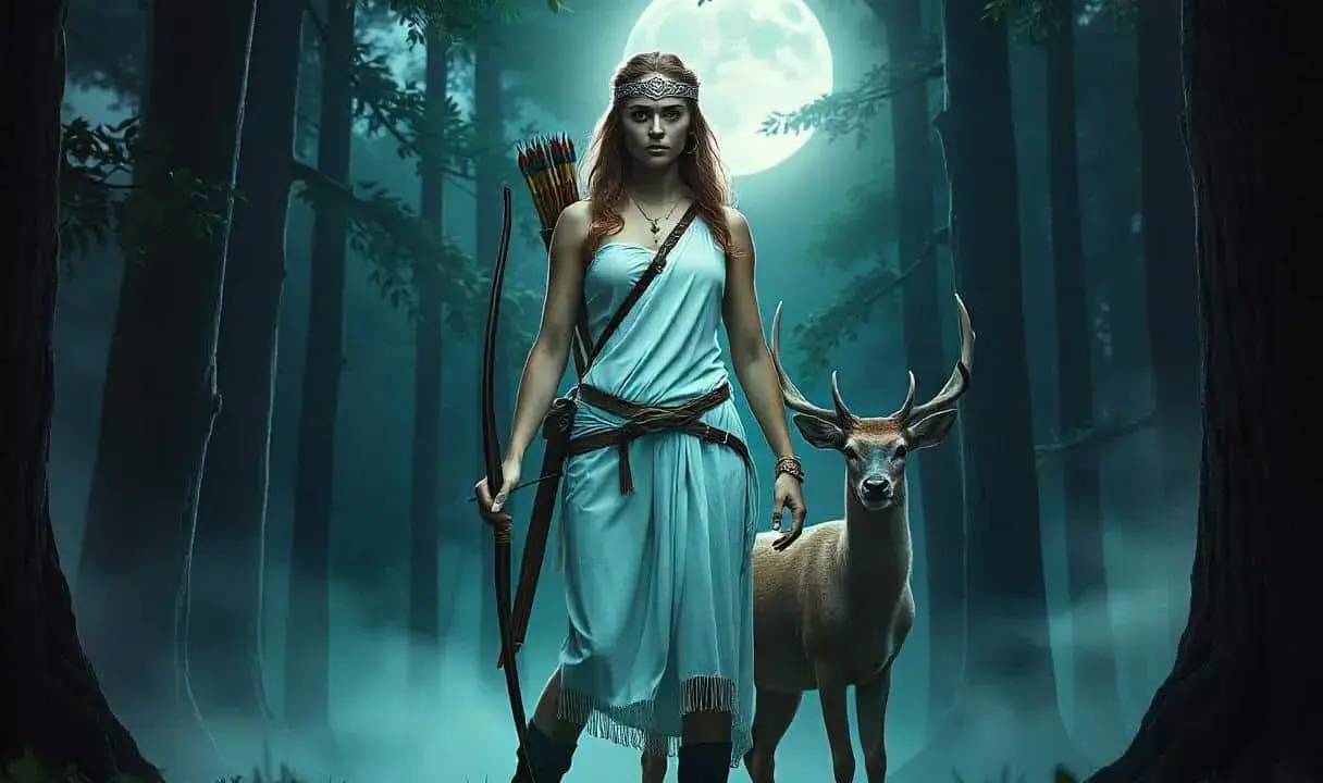 Artemis, die Göttin der Jagd, steht mit Bogen und Pfeilen im Mondlicht im Wald, ein Hirsch an ihrer Seite.