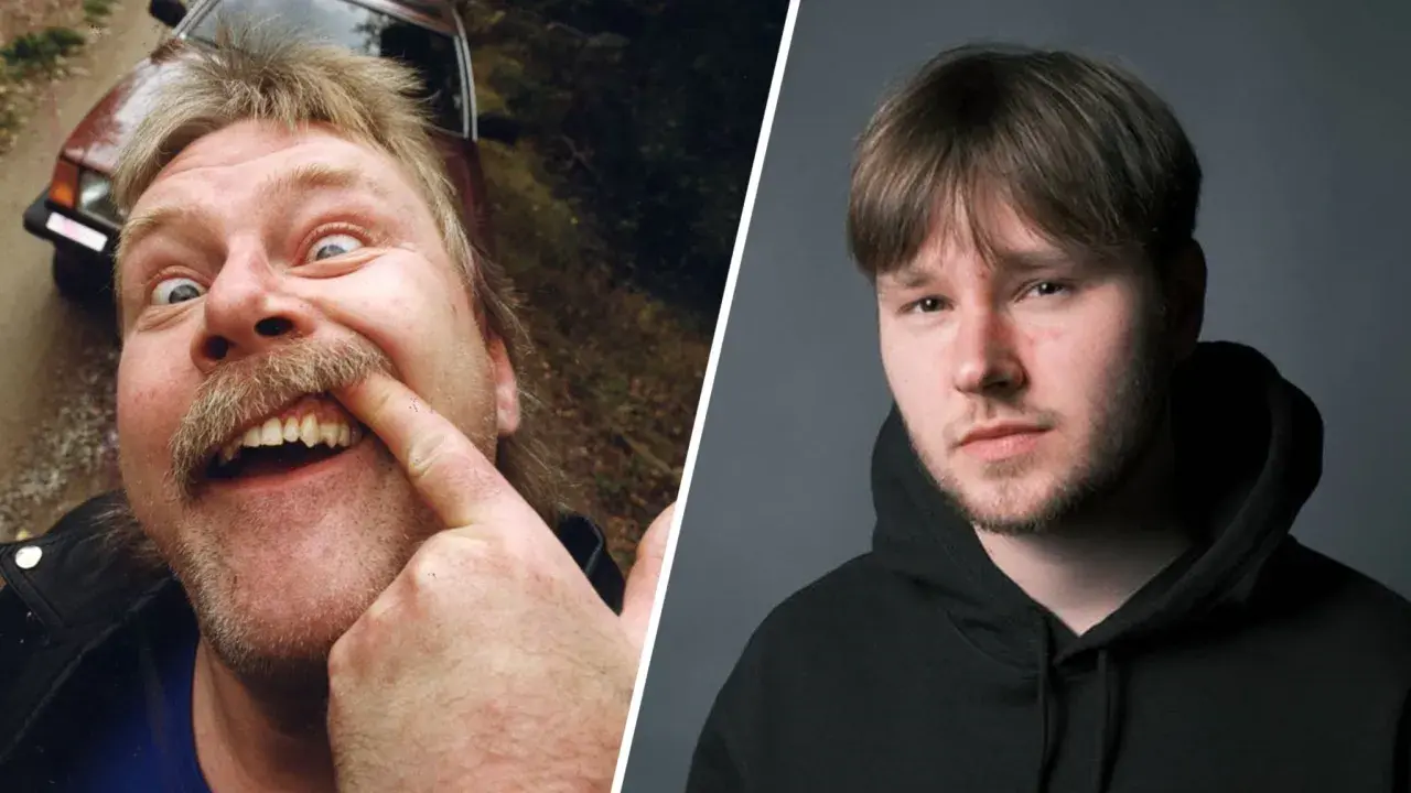 Två bilder sida vid sida: en man med mustasch som petar sig i näsan, och en ung man i hoodie. Kanske Eddie Meduzas son?