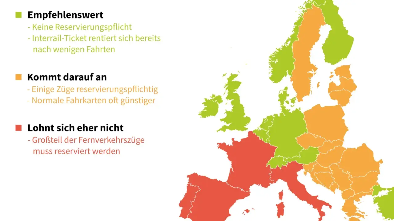 Europakarte zeigt, wo sich eine Europareise mit dem Zug lohnt. Grün: Empfehlenswert, keine Reservierung. Orange: Kommt darauf an. Rot: Eher nicht, viele Reservierungen nötig.