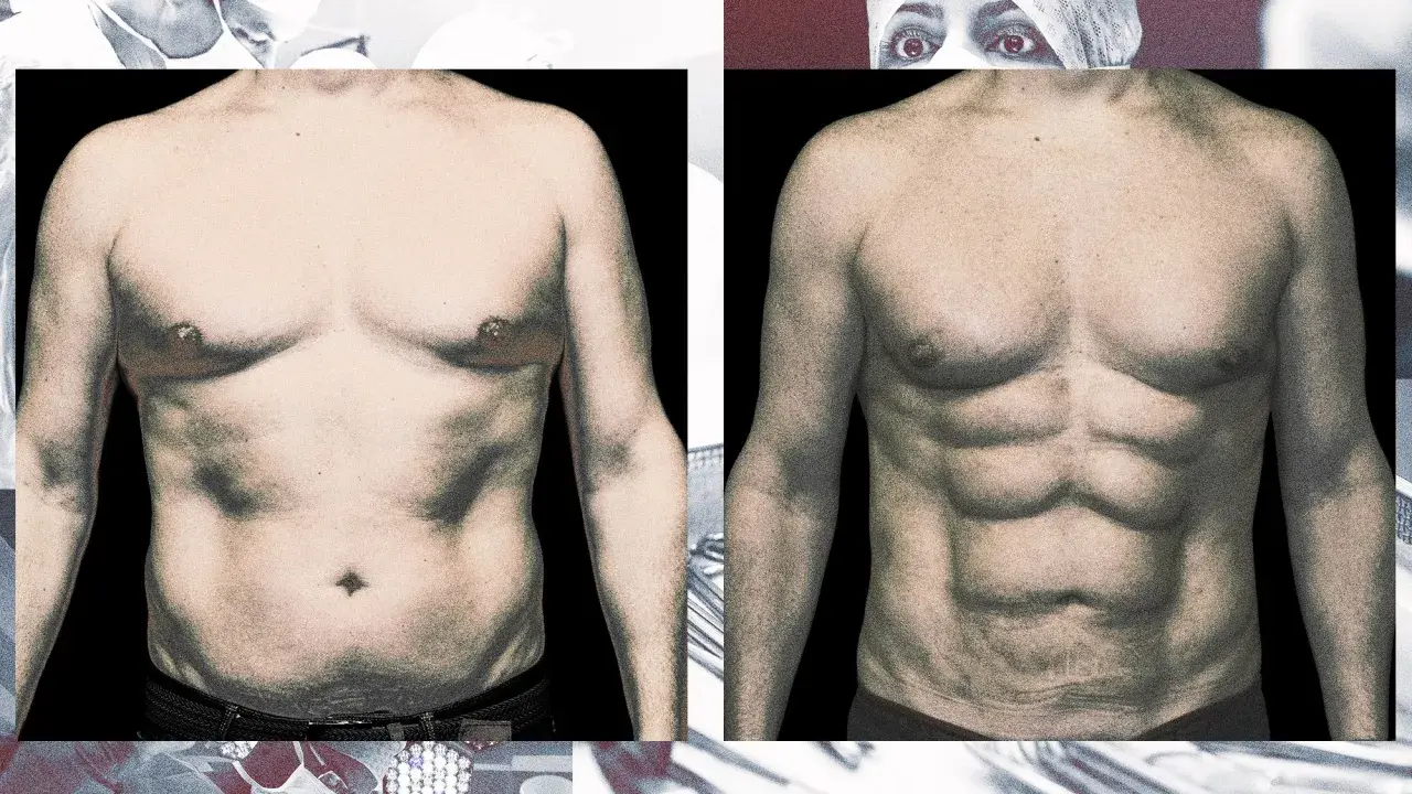 Vorher-Nachher-Vergleich: Bauchmuskeltraining bis man was sieht. Links ein weicher Bauch, rechts ein definierter Sixpack.