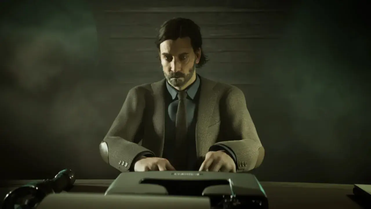 Alan Wake pisze na maszynie, otoczony mroczną mgłą.