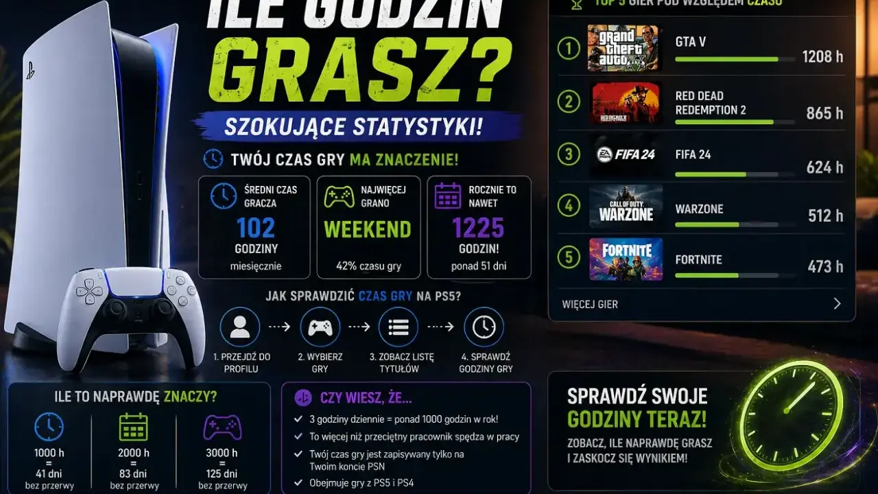 Statystyki czasu gry na PS5: średnio 102h miesięcznie, najwięcej w weekend. Zobacz, ile godzin spędzasz na swoich ulubionych grach!