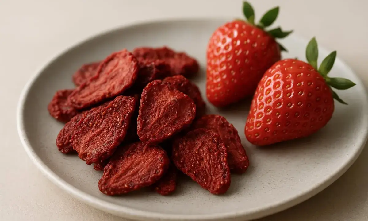 Assiette de fraises séchées et de fraises fraîches. Avis sur les fraisiers en gouttières.