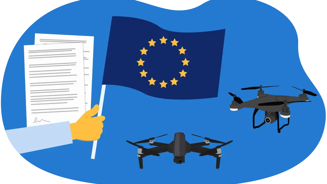 EU-Flagge, Dokumente und zwei Drohnen, die fliegen.
