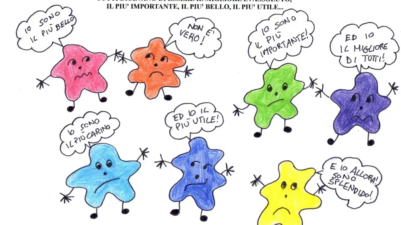Disegno di stelle colorate che litigano, con fumetti che esprimono vanità. Un esempio di testi sull'amicizia scuola primaria.