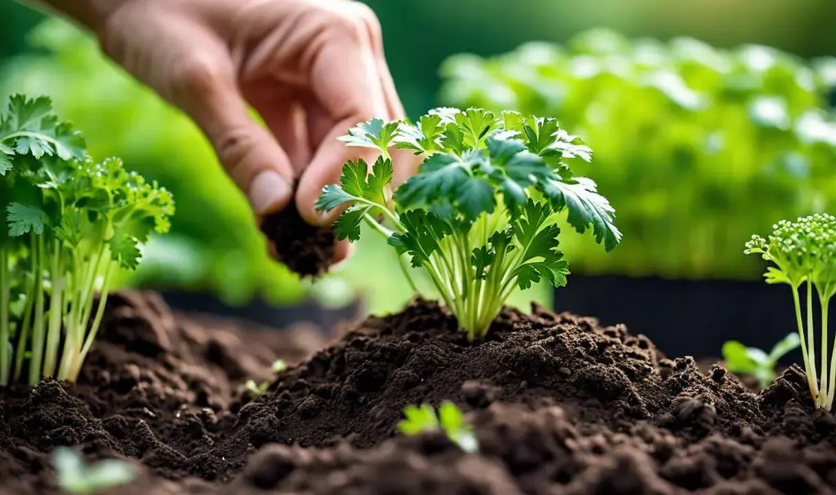 Main d'un jardinier ajoutant de la terre autour d'un jeune plant de persil, prêt à planter du persil en pleine terre.