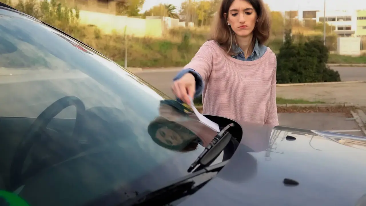Mujer saca papel del parabrisas, preocupada por como saber si me han multado.