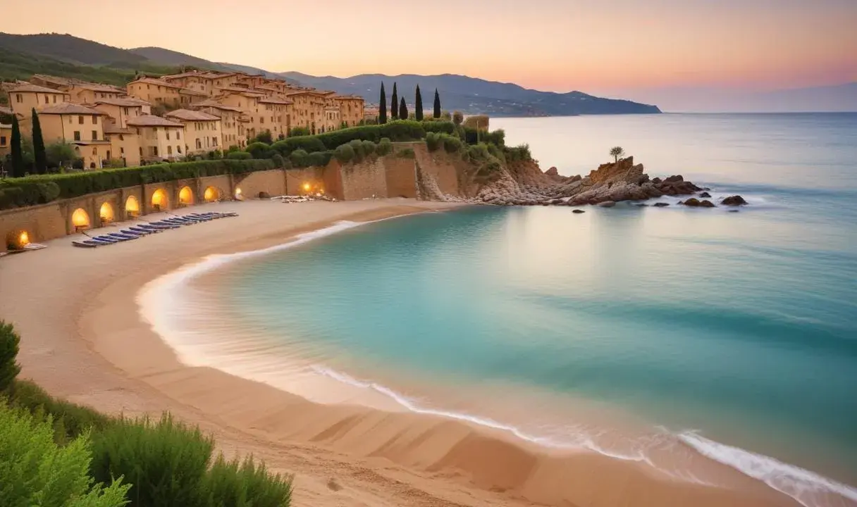 En idyllisk strand med turkost vatten och en stad i toscansk stil. En dröm om badorter i Toscana.