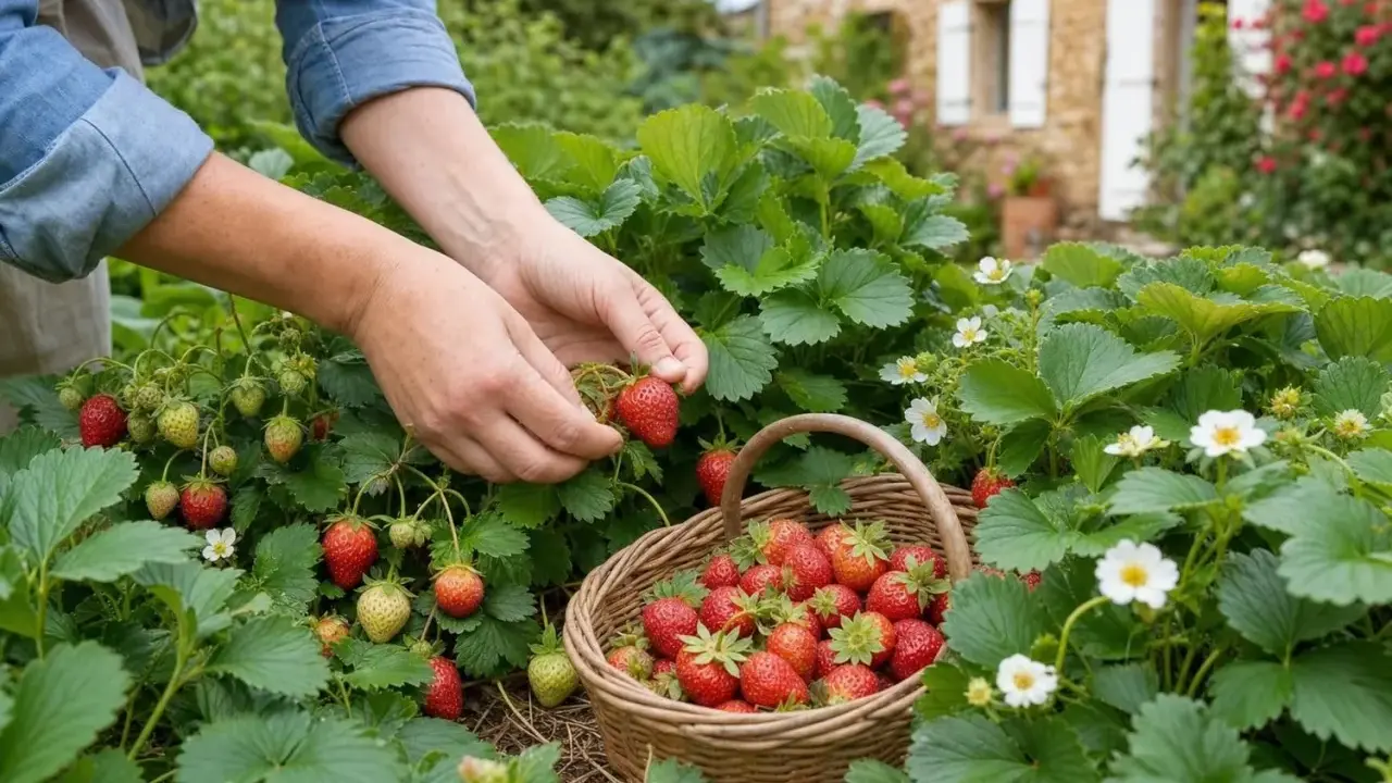 Mains cueillant des fraises mûres dans un champ. Un panier en osier est rempli de fruits rouges, prêt pour la récolte d'un fraisier remontant ou non remontant.