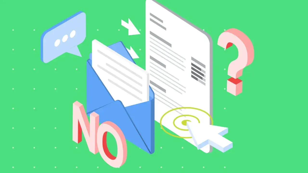Grafika z kopertą, dokumentem, znakiem zapytania i napisem "NO".