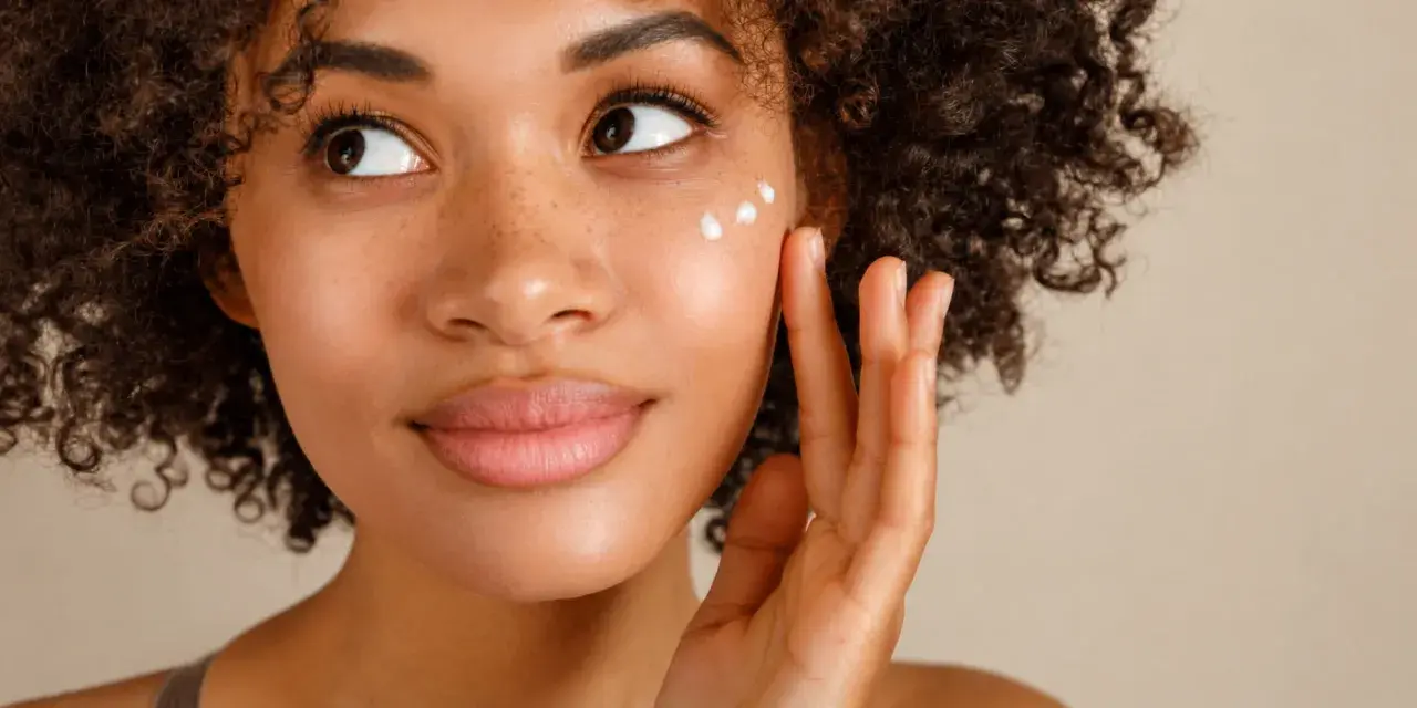 Donna con capelli ricci applica crema sul viso per una pelle bella e luminosa.
