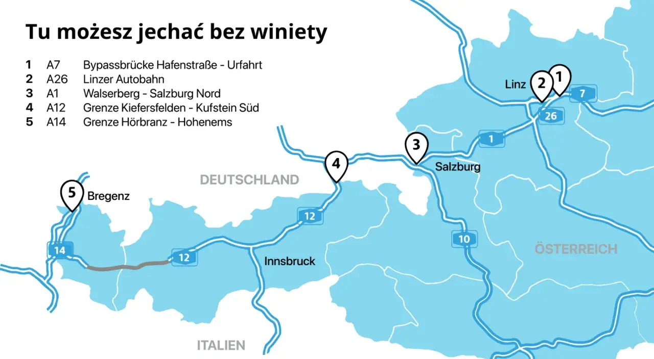Mapa pokazuje trasy bez winiety w Austrii, w tym tunele i autostrady w okolicach Salzburga i Innsbrucka.