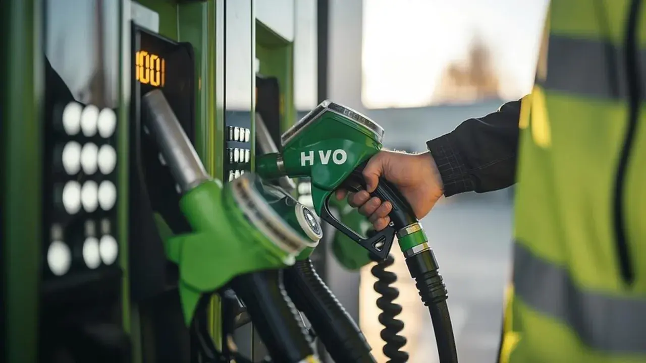 Mano con boquilla HVO verde, lista para la declaración de gasóleo profesional. El surtidor muestra 100.