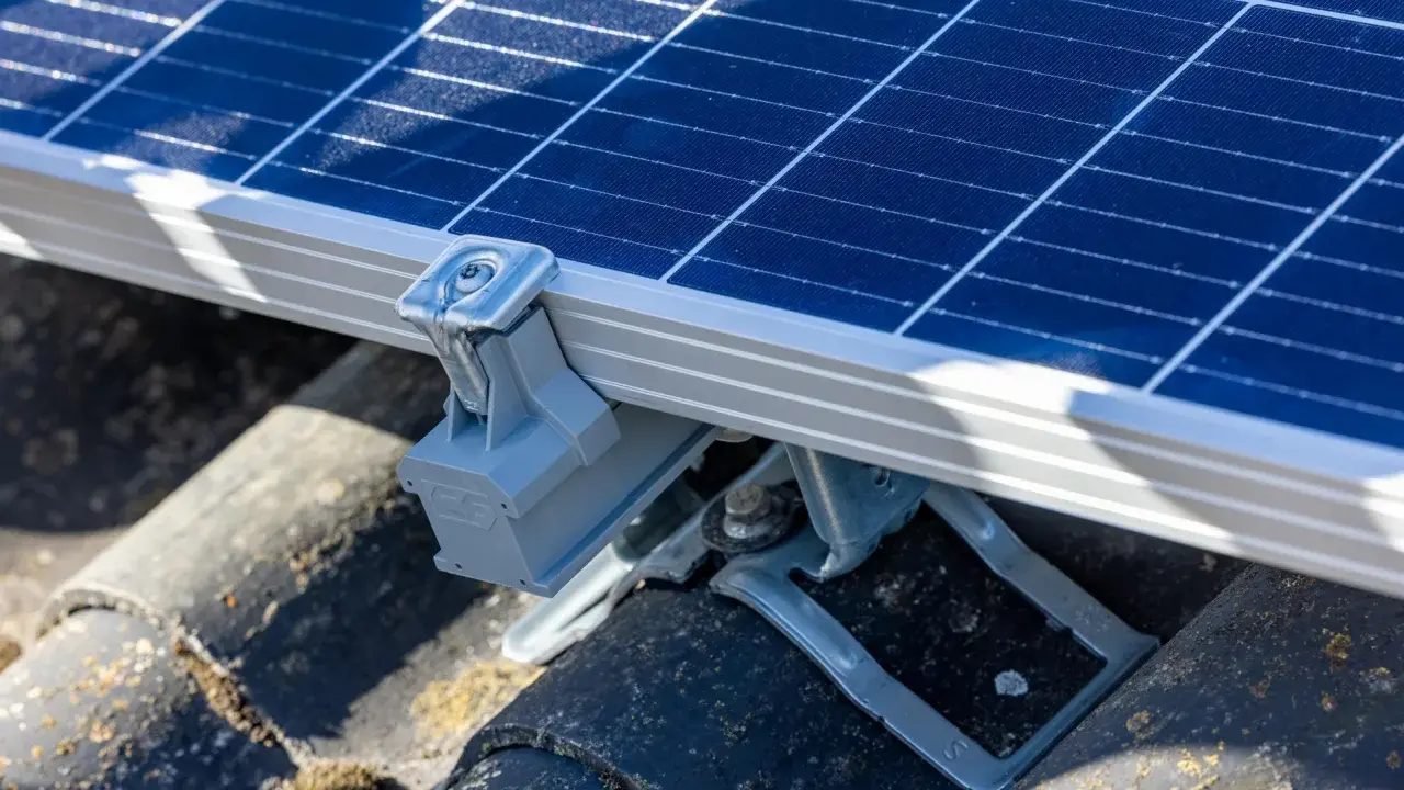 Detaljbild av ett solpanel som monteras på ett tak med ett robust esdec montagesystem.