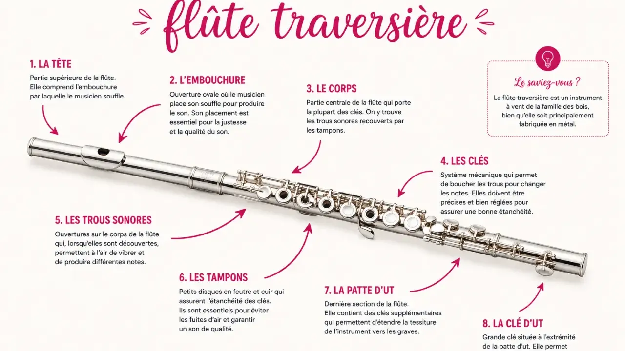 Vue détaillée d'un instrument bois, la flûte traversière, avec ses différentes parties étiquetées : tête, embouchure, corps, clés, trous sonores, tampons, patte d'Ut et clé d'Ut.