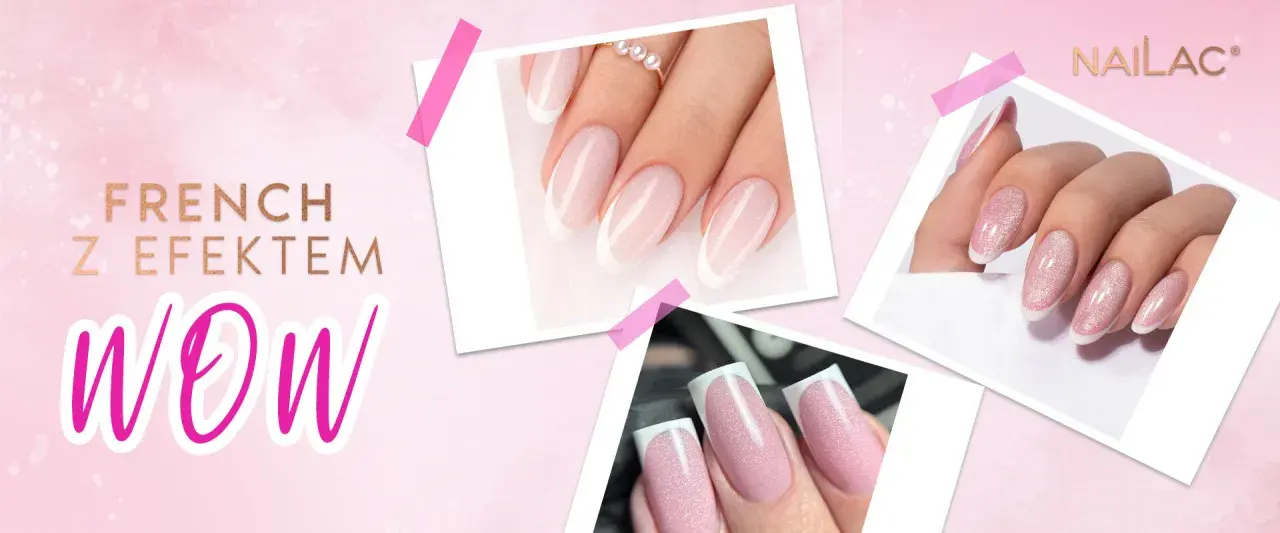 Elegancki, kolorowy french z efektem WOW. Dłonie z idealnym manicure, zdobione subtelnym brokatem.