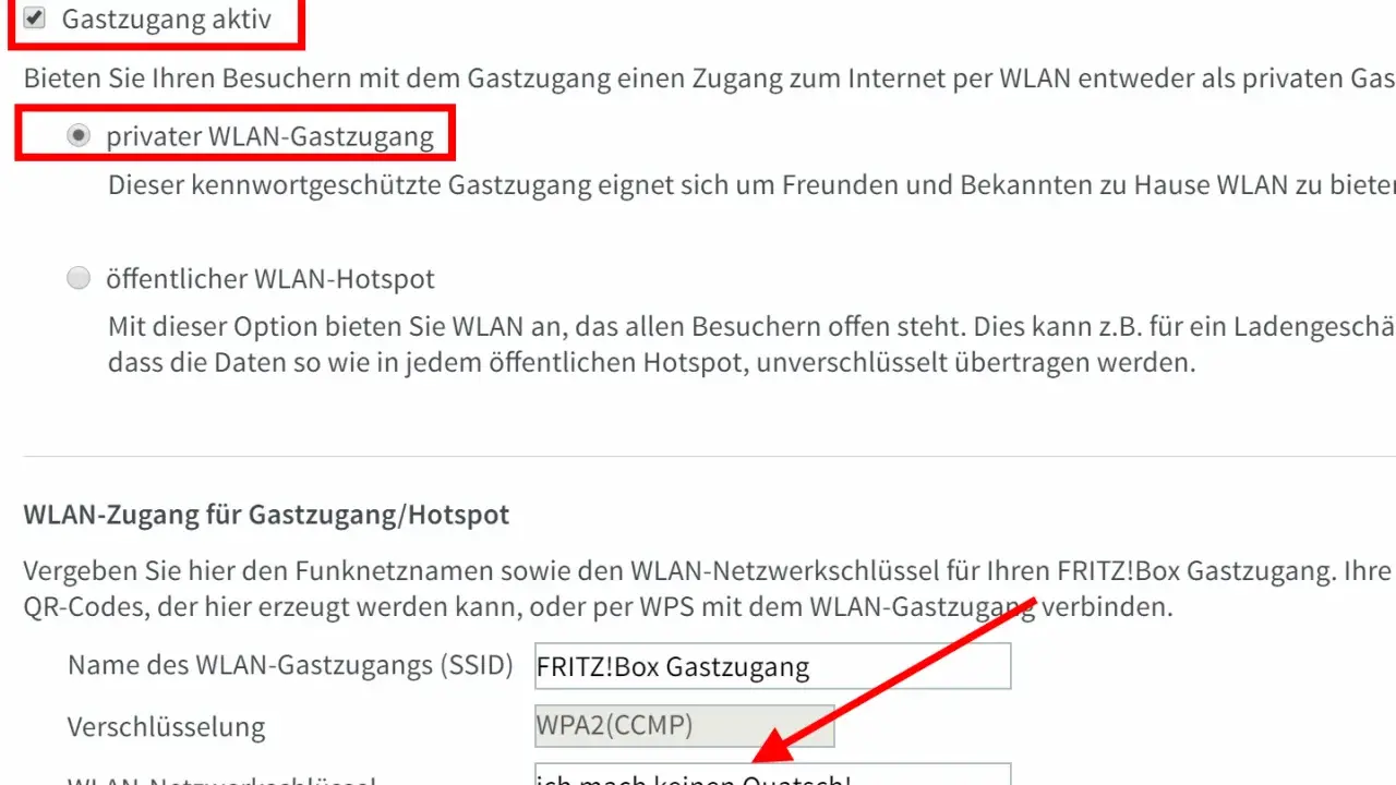 Konfiguration eines privaten WLAN-Gastzugangs. Nachteile: schwache Passwörter wie "ich mach keinen Quatsch!" sind unsicher.