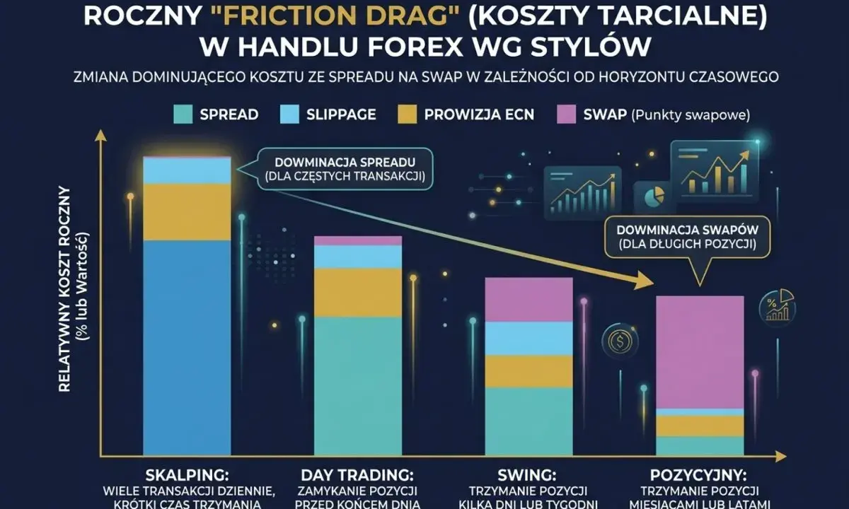 Wykres przedstawia analizę techniczną kosztów transakcyjnych w handlu Forex. Dominacja spreadu w skalpingu, a swapów w pozycjach długoterminowych.