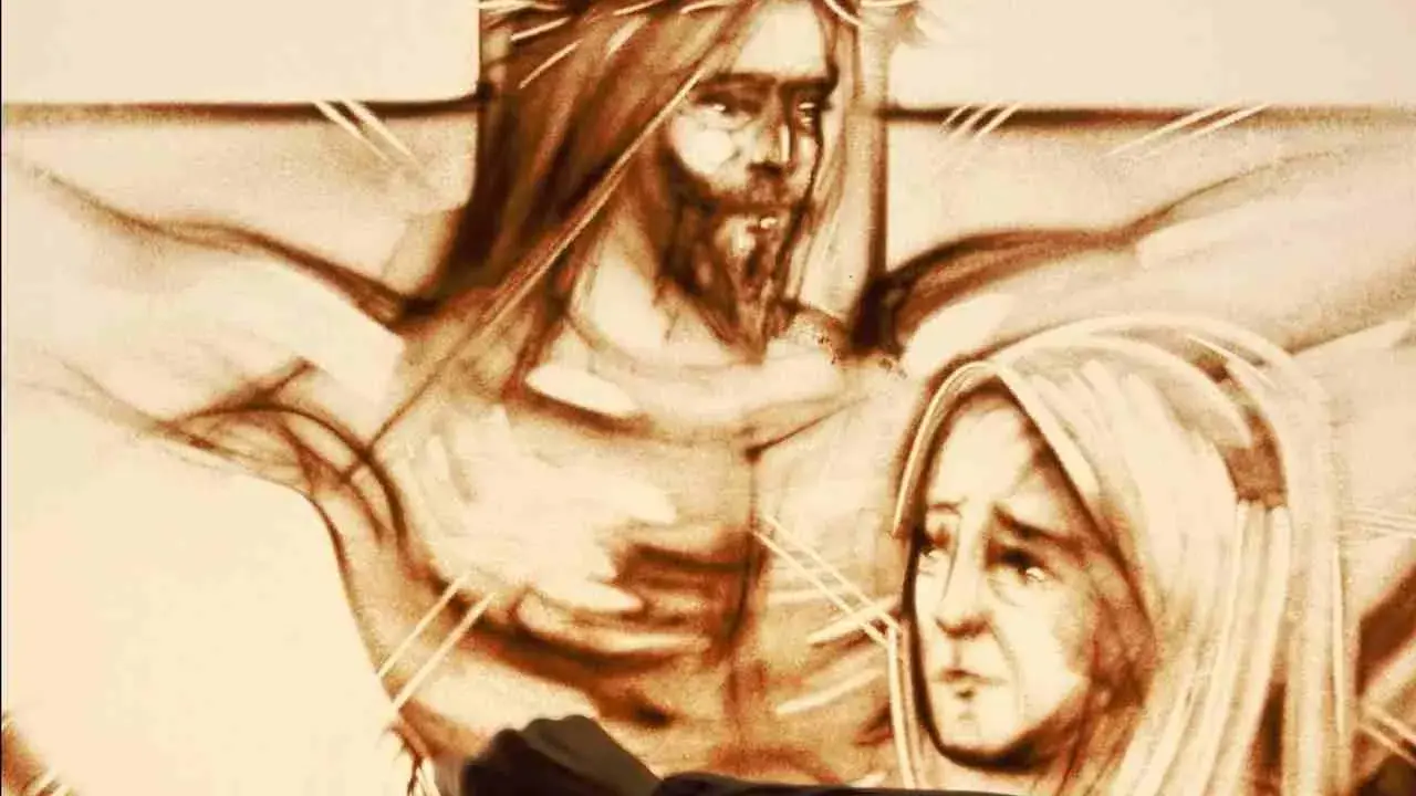 Jezu Chryste Panie miły, tekst z piasku ukazuje cierpienie i miłość.