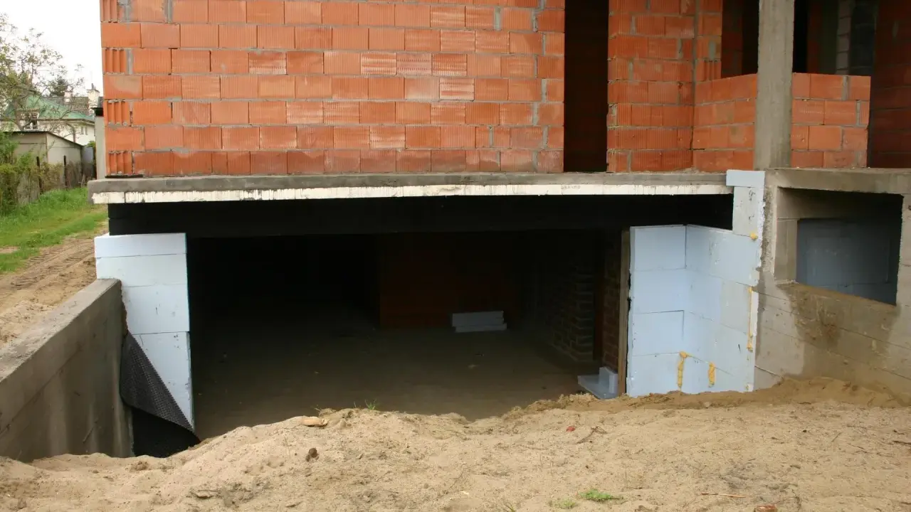Budowa domu w toku. Widać fundamenty, ściany z pustaków zalewowych i izolację.