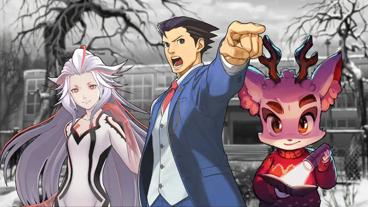 Trzech bohaterów z gry typu visual novel: mężczyzna w garniturze wskazuje palcem, obok niego kobieta w białym stroju i urocza różowa postać z książką i latarką.