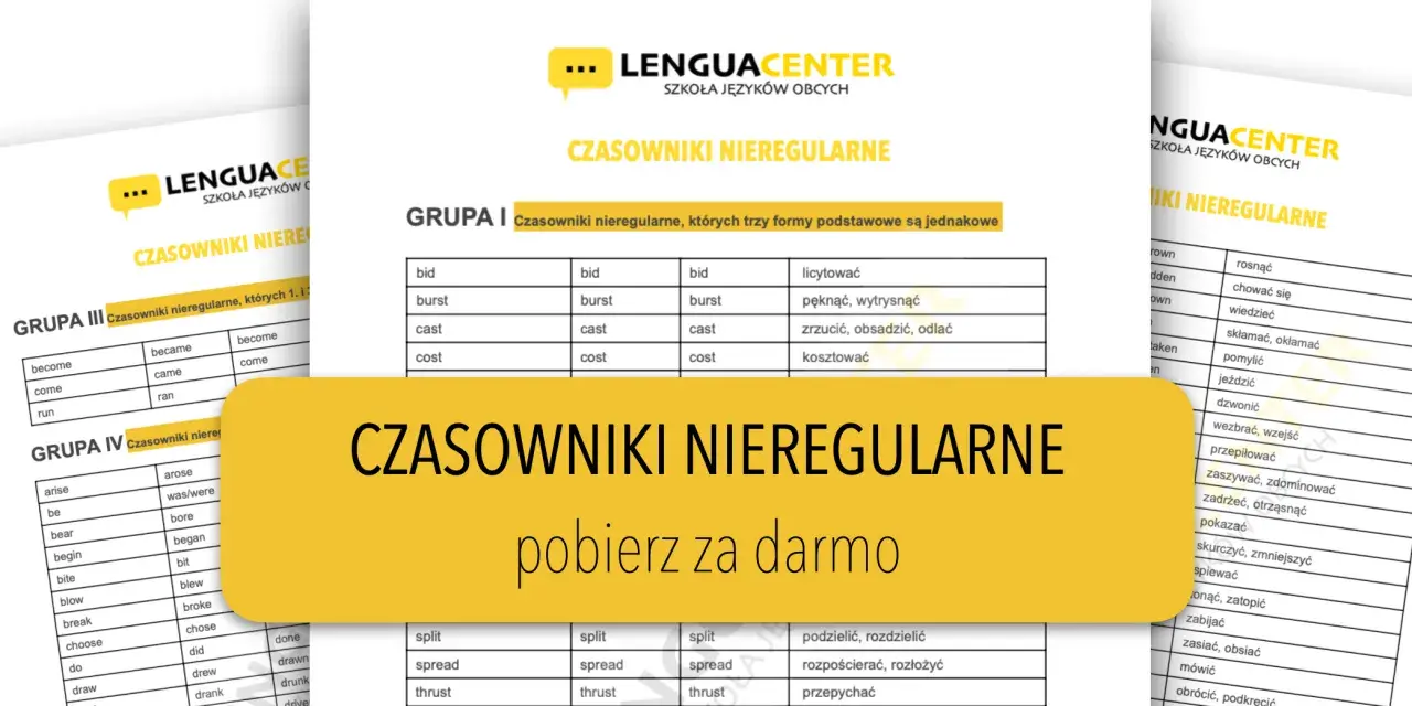 Tabela z czasownikami nieregularnymi, pokazująca ich 3 formy czasownika.
