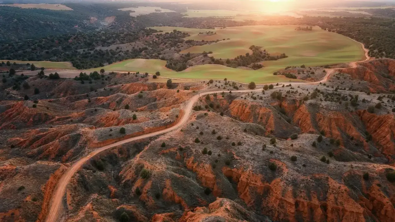 Un camino serpentea por la rambla de Barrachina, un paisaje ocre y verde bañado por el sol del atardecer.