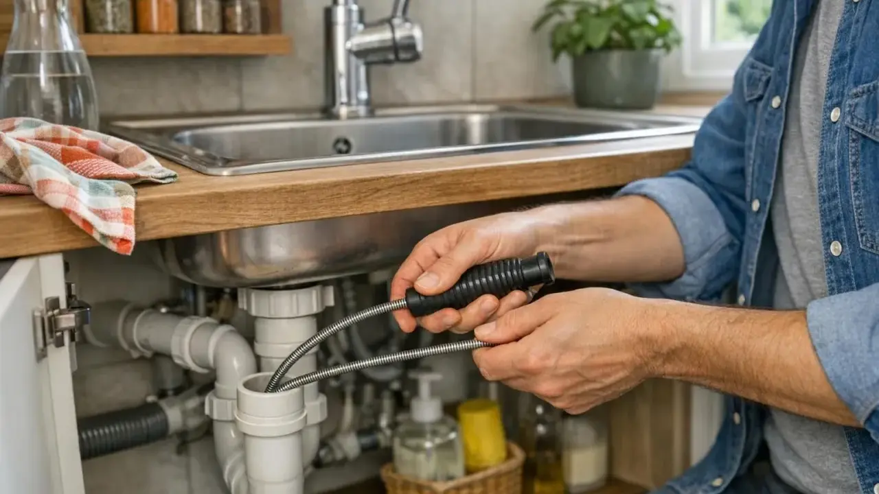 Un homme utilise un furet pour déboucher un évier de cuisine. Les canalisations sous l'évier sont visibles.