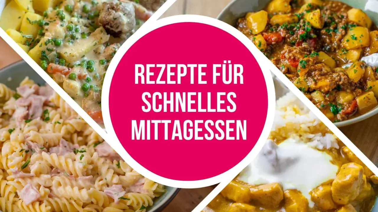 Vier leckere Gerichte für ein schnelles Mittagessen: Frikadellen mit Kartoffeln und Erbsen, Gulasch mit Kartoffeln, Nudeln mit Schinken und Curry mit Reis.