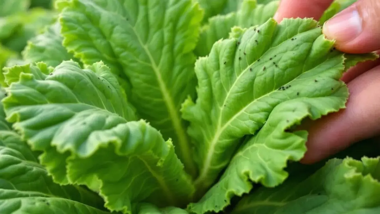 Puceron choux : une main examine une feuille verte infestée de petits insectes noirs. Un traitement naturel est peut-être nécessaire.