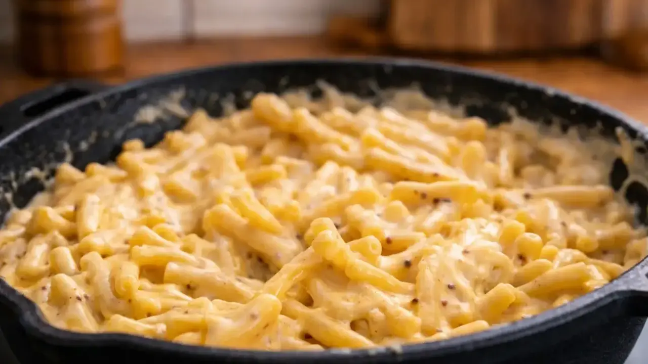 Cremiges Mac & Cheese Rezept in einer Gusseisenpfanne, perfekt für einen gemütlichen Abend.