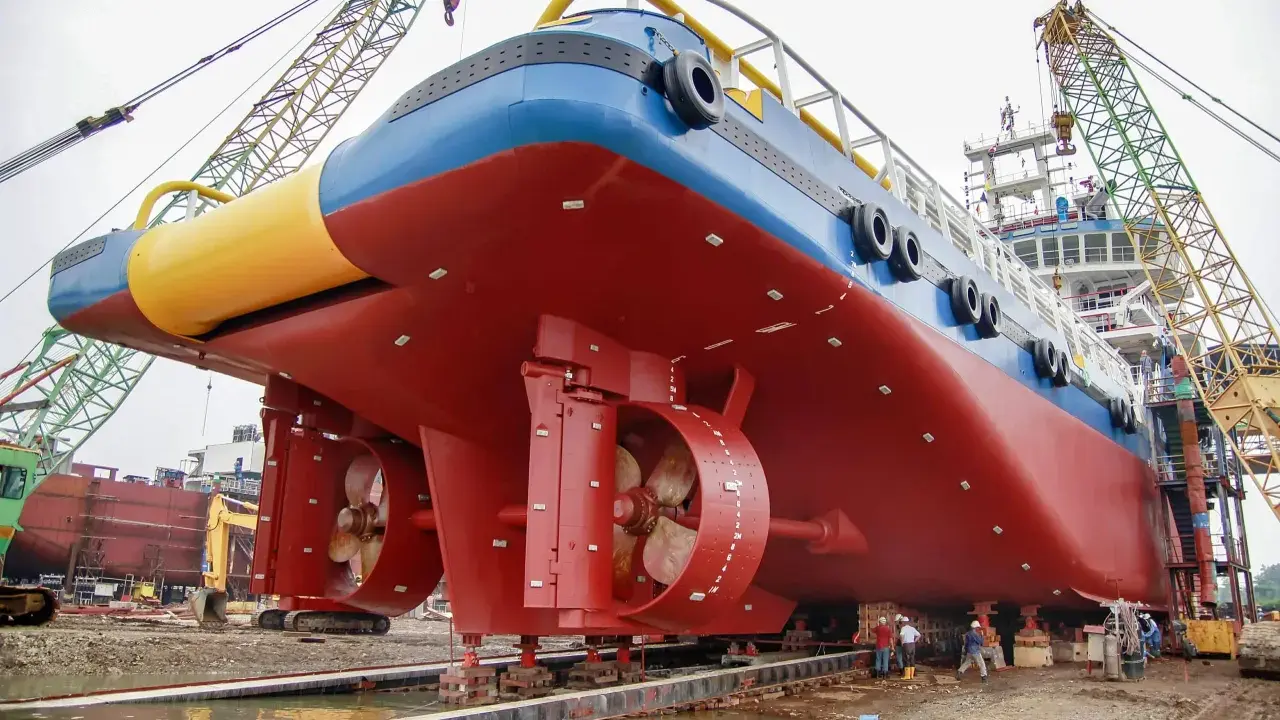 Gros navire rouge et bleu sur des supports, avec des hélices visibles. Des grues et des ouvriers sont présents. On aperçoit des anodes sur la coque, protégeant contre la corrosion, qu'elles soient anode + ou -.