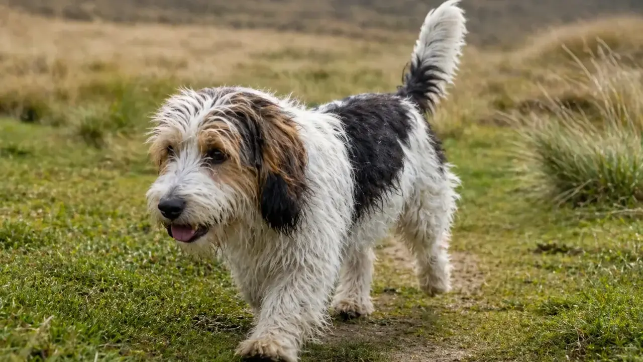 Un petit basset griffon vendéen, au pelage blanc et noir, trotte joyeusement sur un sentier herbeux.