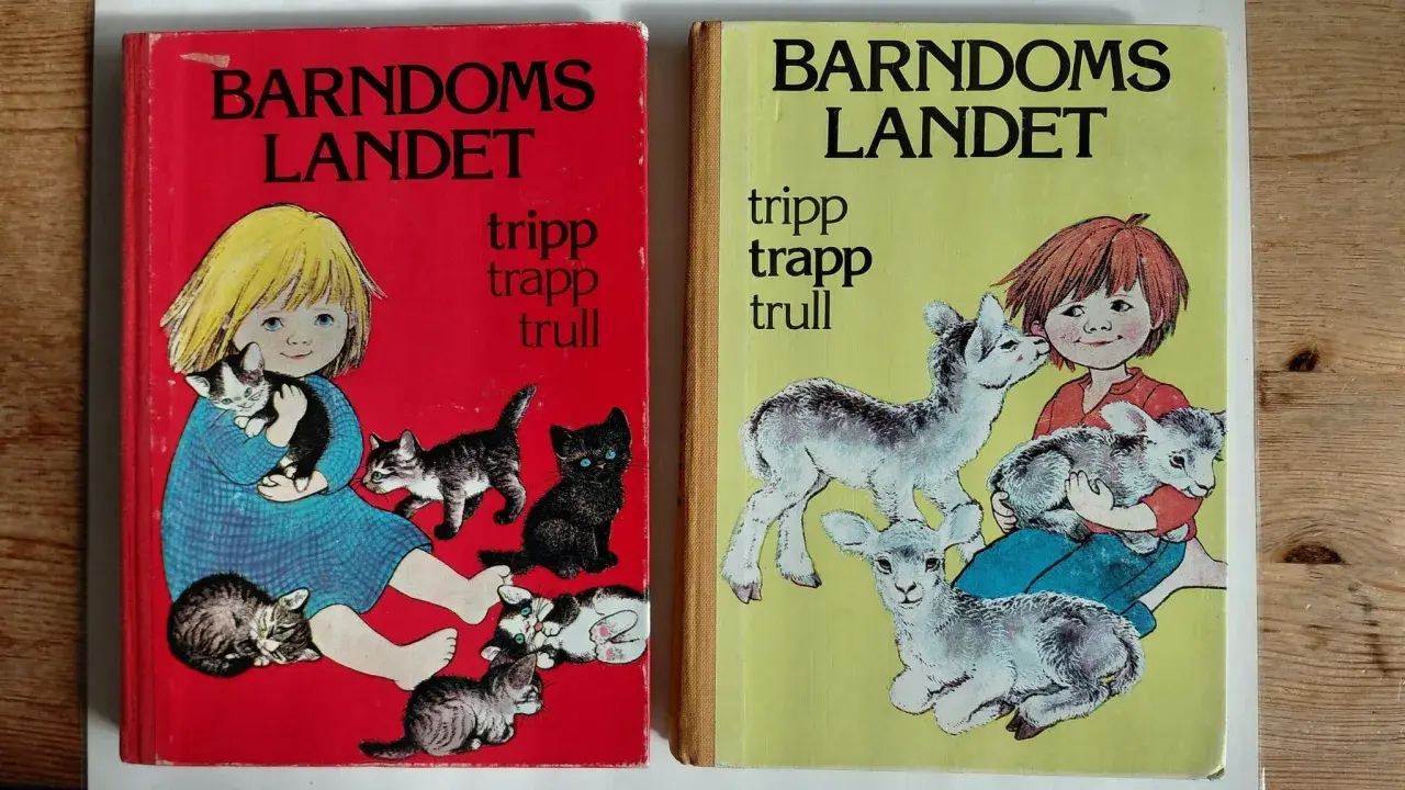 Two children's book covers: one red with a girl and kittens, one yellow with a girl and lambs.