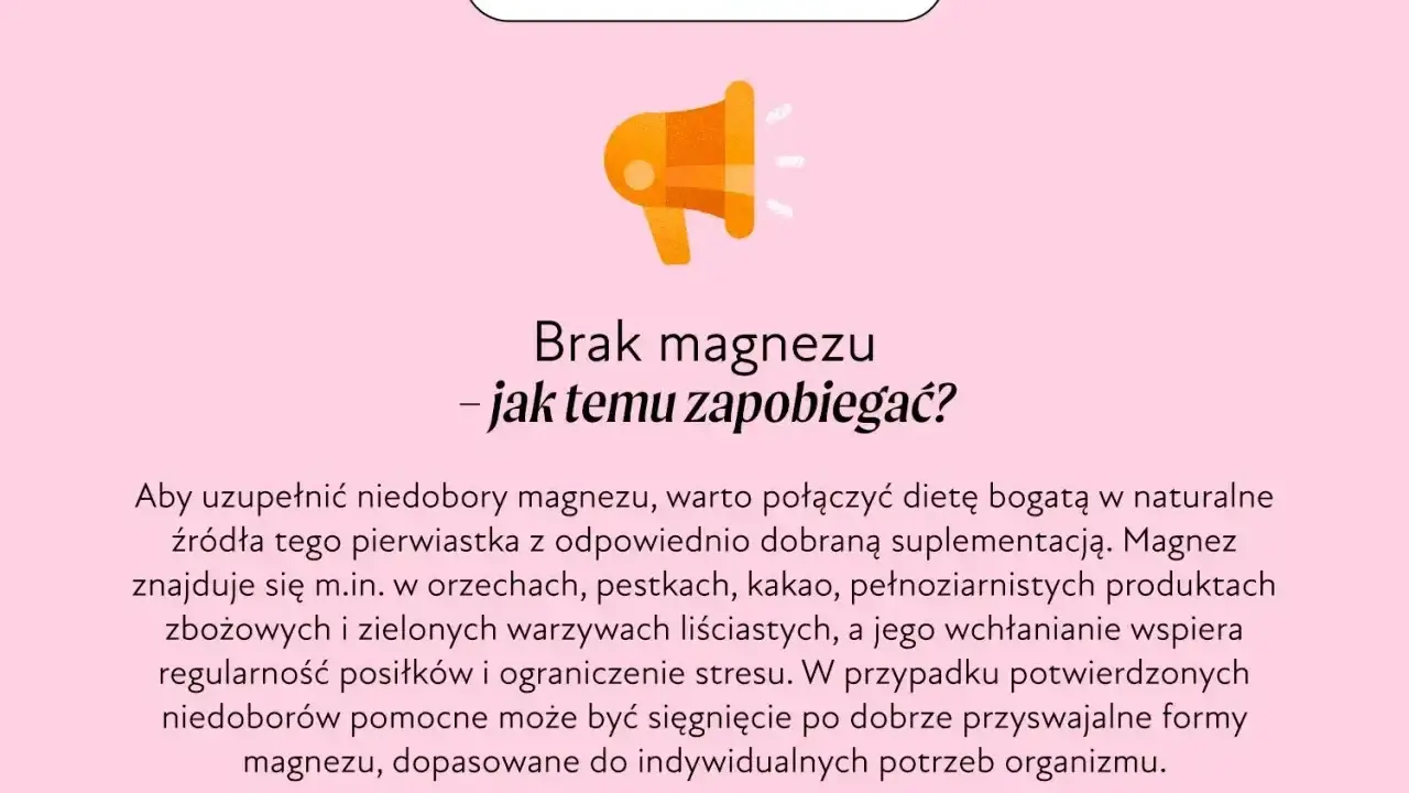 Grafika informuje o tym, jak zapobiegać brakowi magnezu. Wskazuje na dietę bogatą w orzechy, kakao i warzywa.