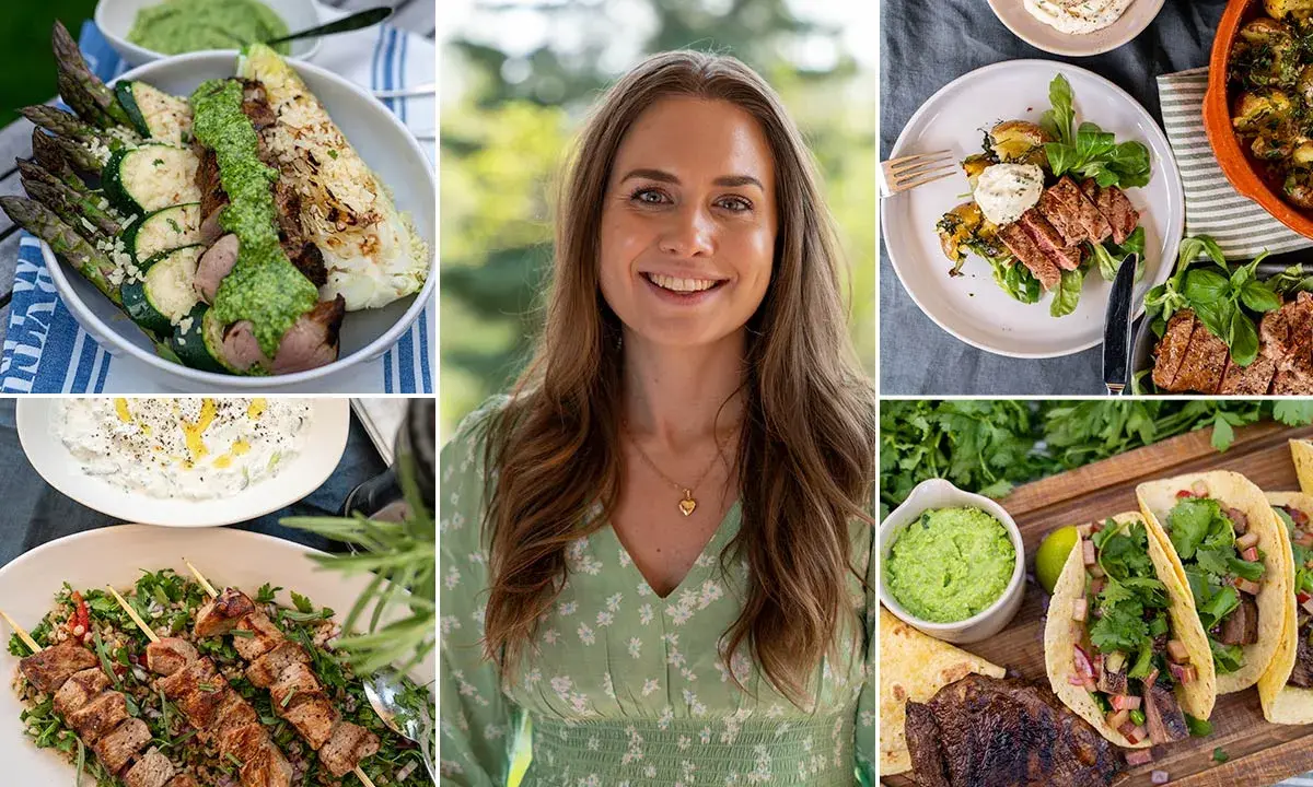 En kvinna ler i mitten, omgiven av bilder på utsökt mat. Allt ser ut att vara grillat till midsommar, med allt från köttspett till grönsaker och tacos.